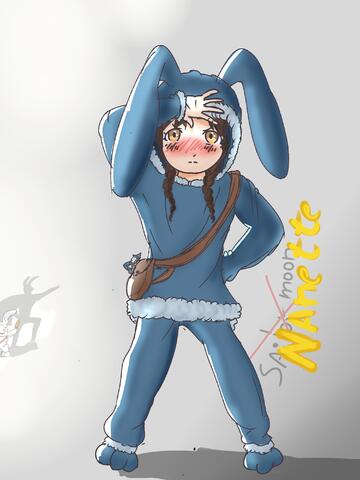 arm_raised artist:chalyon bag blue_chestwear blue_footwear blue_headwear blue_legwear blush brown_eyes brown_hair bunny_ears bunny_suit caption carrot character:mrsha character:nanette_weishart child collar copyright:sailor_moon duo female food front_view gnoll human looking_at_viewer meta:tagme meta:TWISocialMedia no_pupils open_mouth shadow simple_background spoiler:volume9 standing text twin_tails white_background white_chestwear white_headwear white_legwear witch witch_hat // 2100x2800 // 1.2MB // rating:Safe