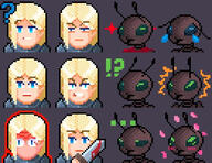 adventurer antinium armor artist:zelanters aura blonde_hair blood blue_eyes blush bright_skin byres character:ksmvr character:yvlon_byres duo exclamation_mark free_antinium front_view frown green_eyes grey_background grey_chestwear holding_sword human lady long_hair petal pixel_art question_mark simple_background sparkle spoiler:book1 sword tear upper_body warrior // 390x300 // 166KB // rating:Safe