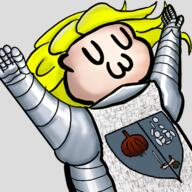 arm_raised armor artist:qthebird bag blonde_hair bright_skin byres character:ylawes_byres chestplate closed_eyes coin emote garlic gauntlet heraldry holding_sword knight long_hair praise simple_background smile spoiler:book3 spoiler:volume3 sword symbolism transparent_background upper_body // 500x500 // 303KB // rating:Safe