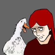 animal artist:lordrfg beak bird_(animal) bright_skin character:pirateaba duck front_view grey_background long_hair looking_down no_pupils open_mouth red_chestwear red_hair simple_background twi_community upper_body white_feather // 1080x1080 // 224KB // rating:Safe