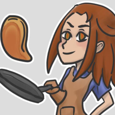 artist:recaptured_lime blue_chestwear brown_chestwear brown_eyes brown_hair brown_handwear character:erin_solstice food frying_pan human meta:tagme meta:TWISocialMedia pancake spoiler:book1 standing transparent_background // 300x300 // 95KB // rating:Safe