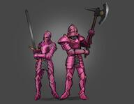 armor artist:mg axe beard blue_eyes character:kerrig_louis character:welca_caveis duo female front_view gauntlet grey_background helmet holding_axe holding_sword human knight male open_mouth order_of_the_petal pink_chestwear pink_handwear pink_headwear pink_legwear simple_background spoiler:book6 spoiler:volume4 standing sword // 1280x990 // 75KB // rating:Safe