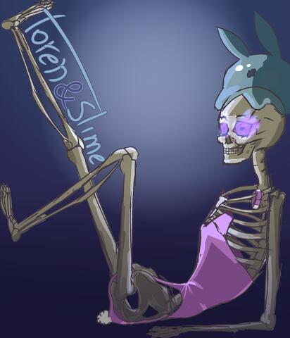 artist:chalyon bare_shoulders blue_background blue_headwear bowtie bunny_ears bunny_suit caption character:healing_slime character:toren choker duo leg_raised meta:TWISocialMedia pink_chestwear purple_eyes side_view simple_background sitting skeletal_hand skeleton skull slime spoiler:volume9 text undead // 2300x2681 // 902KB // rating:Safe