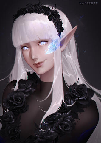 archmage artist:maoxfhan black_dress blue_eyes character:silvenia_ettertree commissioner:linu dress female flower flower_crown front_view half-elf long_hair mage magic meta:TWISocialMedia simple_background smile spoiler:volume9 white_hair // 2480x3508 // 6.6MB // rating:Safe