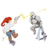 armor artist:brack attack back_view blue_legwear boots brown_footwear bullet character:flora character:vorn duo earther female front_view grey_chestwear gun helmet holding_pistol holding_sword holster human jeans knight long_hair male pants pistol ponytail red_hair shit simple_background sparkle spoiler:volume7 sword white_background white_chestwear // 1000x1000 // 197KB // rating:Safe