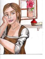 apron artist:detton bright_skin brown_eyes brown_hair character:erin_solstice female flower food front_view human long_hair pie pot shelf smile solo spoiler:book1 upper_body white_background white_chestwear window // 2550x3300 // 1.7MB // rating:Safe