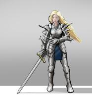 armor artist:mg blonde_hair blue_eyes byres character:yvlon_byres female front_view grey_background holding_sword human long_hair simple_background solo spoiler:book14 spoiler:volume6 standing sword // 587x606 // 274KB // rating:Safe