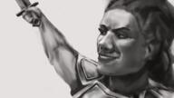 arm_raised armor artist:yootie character:cauwine dead_gods female front_view head_only holding_sword long_hair monochrome muscle simple_background smile solo spoiler:book4 spoiler:volume3 sword warrior white_background // 4226x2377 // 4.2MB // rating:Safe