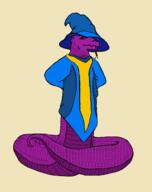 arm_behind_back artist:gridcube blue_headwear blue_robe bottomless front_view hat lizardfolk looking_at_viewer mage meta:tagspoiler naga purple_scales red_eyes robe solo standing tongue_out yellow_background // 1271x1610 // 469KB // rating:Safe