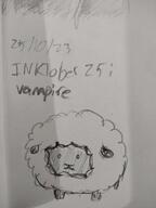 animal artist:justaguywithabeanie caption character:oc front_view meta:inntober meta:inntober_2023 monochrome no_pupils pencil_art prompt25 prompt_vampire sariant_lamb sheep simple_background solo spoiler:volume8 standing text white_background // 3120x4160 // 448KB // rating:Safe