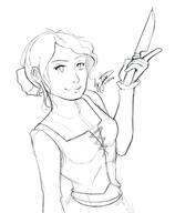 arm_raised artist:lucerod15 character:erin_solstice dress earther female front_view holding_knife innkeeper knife medium_hair monochrome pointing simple_background smile solo spoiler:book1 upper_body vest white_background // 1998x2431 // 495KB // rating:Safe