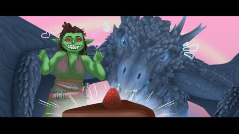 animal artist:sehad belt blue_scales cake character:snapjaw dancing dark_hair drool fake_screenshot fangs goblin happy ice_cube red_eyes sharp_teeth simple_background spoiler:volume10 strawberry sword two_characters wyvern // 1920x1080 // 1.6MB // rating:Safe