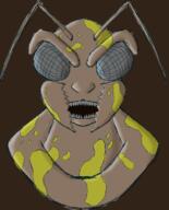 antinium artist:gridcube brown_background character:yellow_splatters free_antinium front_view grey_eyes head_only sexless sharp_teeth simple_background smile soldier solo spoiler:book5 spoiler:volume4 yellow_paint // 1173x1452 // 879KB // rating:Safe
