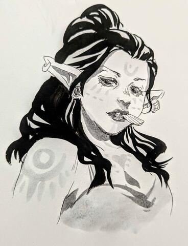 artist:artsy_nada character:ulvama earring eating food goblin greyscale hobgoblin jewelry meta:tagme meta:TWISocialMedia spoiler:book4 spoiler:volume3 tattoo // 2965x3869 // 470KB // rating:Safe