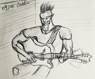 artist:qthebird caption character:numbtongue front_view goblin guitar instrument long_ears male meta:inntober meta:inntober_2023 mohawk monochrome muscle pants pen_art playing_instrument prompt9 prompt_goblin redfang_five redfang_tribe shirt short_hair simple_background sitting smile spoiler:book8 spoiler:volume5 text white_background // 2447x2042 // 667KB // rating:Safe