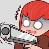 apple artist:qthebird blue_skin bright_skin brown_chestwear character:pirate commissioner:me emote female front_view gun holding_gun long_hair modern no_pupils open_mouth red_hair simple_background solo transparent_background upper_body // 500x499 // 163KB // rating:Safe