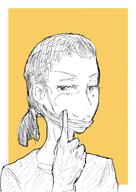 artist:johndoe character:geneva_scala earther female front_view human looking_at_viewer mask medium_hair monochrome pointing ponytail shirt simple_background smile solo spoiler:book3 spoiler:volume3 upper_body yellow_background // 1364x1929 // 532KB // rating:Safe