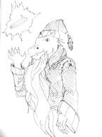 arm_raised artifact artist:mg beard chain character:omniscel circlet drake hat mage magic male monochrome robe sharp_nails sharp_teeth side_view simple_background solo spoiler:volume8 upper_body white_background // 3024x4032 // 2.0MB // rating:Safe