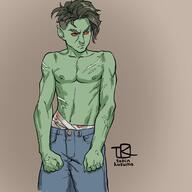 artist:tobinkusuma bandages blood blue_legwear brown_background character:oc front_view frown goblin green_hair green_skin jeans male medium_hair muscle navel nipple nipple_(male) pants red_eyes scar sharp_nails simple_background solo standing topless upper_body // 2048x2048 // 271KB // rating:Safe