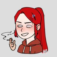 artist:richi bright_skin character:pirateaba cigarette copyright:picrew copyright:picrew_137904 disembodied_hand front_view long_hair no_pupils ponytail red_chestwear red_hair simple_background smile smoke smoking solo sweat_drop sweatshirt transparent_background // 600x600 // 112KB // rating:Safe