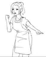 apron arm_raised artist:yootie character:erin_solstice earther female fist front_view human innkeeper medium_hair monochrome open_mouth pants pointing ponytail shirt simple_background solo spoiler:book1 standing white_background // 682x847 // 112KB // rating:Safe