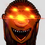 artist:qthebird brown_hair character:gazi_pathseeker dreadlocks emote female front_view glowing_eyes half-gazer head_only long_hair looking_at_viewer open_mouth orange_eyes seven sharp_teeth simple_background solo spoiler:book1 transparent_background // 500x500 // 294KB // rating:Safe