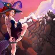 artist:uni barefoot black_dress black_headwear blue_eyes bow bright_skin broom bubble chain character:erin_solstice dress earth earther feather female hat holding_broom human innkeeper looking_up meta:tagobj mountain outside purple_feather red_hair rock side_view sky snow solo spoiler:volume9 sun tattoo twig witch witch_hat // 1000x1000 // 1.4MB // rating:Safe