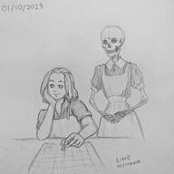 apron artist:recaptured_lime bone character:erin_solstice character:toren chessboard dress front_view glowing_eyes holding_hands human looking_at_viewer looking_down maid maid_dress medium_hair meta:inntober meta:inntober_2023 monochrome no_pupils pawn_(figure) pencil_art prompt1 prompt_innkeeper shirt simple_background sitting skeletal_hand skeleton skull smile spoiler:book1 standing white_background // 2992x2992 // 558KB // rating:Safe