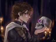artist:meglymelon brown_hair candle cape cave character:pisces_jealnet character:toren fire glowing_eyes human looking_at_viewer mage necromancer potion purple_eyes short_hair skull spoiler:book1 sweatshirt undead upper_body // 1080x810 // 84KB // rating:Safe