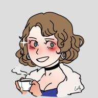 artist:richi blue_chestwear blue_eyes bright_skin brown_hair character:magnolia_reinhart choker copyright:picrew copyright:picrew_137904 cup disembodied_hand earring female food front_view human jewelry lady looking_at_viewer make-up medium_hair nobility reinhart simple_background smile solo sparkle spoiler:book1 steam tea transparent_background // 600x600 // 139KB // rating:Safe