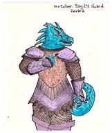arm_raised armor artist:gridcube blue_scales character:zevara_sunderscale female meta:inntober meta:inntober_2023 meta:tagme open_mouth prompt24 prompt_guard solo spoiler:book1 tail text upper_body watch white_background // 1569x1860 // 326KB // rating:Safe