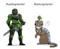 animal arm_raised armor artist:artsy_nada duo front_view helmet holding_sword looking_at_viewer marten pun question_mark rustängmarder side_view simple_background speechbubble spoiler:book14 spoiler:volume6 standing sword white_background // 785x650 // 117KB // rating:Safe