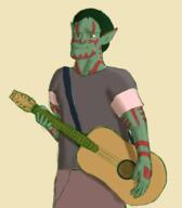 artist:gridcube brown_legwear character:numbtongue front_view goblin green_hair green_skin grey_chestwear guitar holding_instrument instrument long_ears male musician playing_instrument red_eyes red_paint redfang_five redfang_tribe shirt short_hair simple_background solo spoiler:book8 spoiler:volume5 yellow_background // 2115x2417 // 1.7MB // rating:Safe