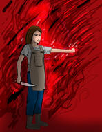 apron arm_raised artist:mg black_flames blue_legwear boots brown_footwear brown_hair character:erin_solstice earther female fire holding_knife human innkeeper jeans knife medium_hair pants solo spoiler:volume7 standing // 2550x3300 // 2.3MB // rating:Safe
