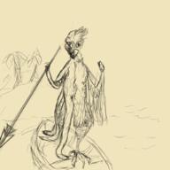 artist:gridcube boat character:oc drowned_folk feather front_view garuda holding_spear isle looking_at_viewer monochrome ocean plant solo spear spoiler:book2 standing tree water yellow_background // 1024x1024 // 452KB // rating:Safe