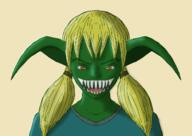 artist:gridcube blonde_hair blue_chestwear character:snapjaw female front_view goblin green_skin hairband head_only long_ears long_hair red_eyes sharp_teeth simple_background smile solo spoiler:book5 spoiler:volume4 twin_tails yellow_background // 1240x877 // 544KB // rating:Safe