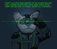 arm_raised artist:mg blue_background character:mrsha character:snake copyright:metal_gear cosplay druid female gloves gnoll meta:crossover meta:tagme quote simple_background solo spoiler:book2 white_fur // 2550x2216 // 1.5MB // rating:Safe